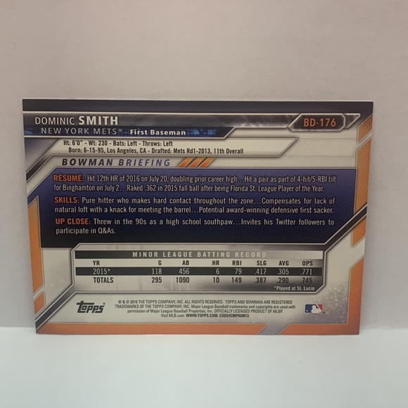2016 Bowman Draft Base Dominic Smith Mets IPA #BD-176 (MISC7) - Picture 2 of 2